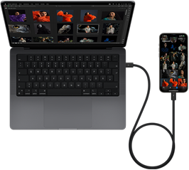 Ein iPhone 15 Pro Max ist �ber USB-C mit dem 14" MacBook Pro verbunden