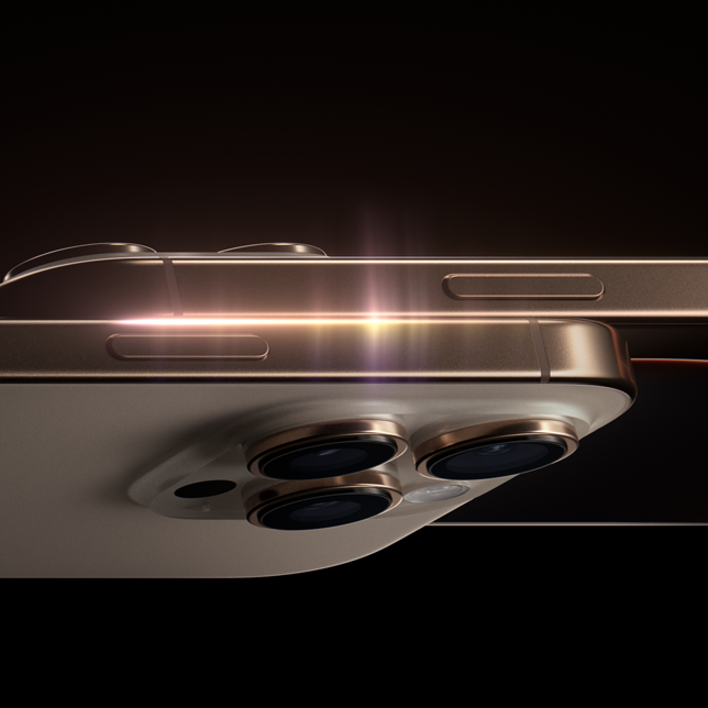 Zwei iPhone 16 Pro Modelle, Seitenansicht, Seitentaste, erh�htes Pro Kamera-System