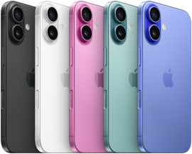 iPhone 16, R�ckseite, erh�htes fortschrittliches Zwei-Kamera-System, Apple Logo in der Mitte, alle f�nf Farben, Schwarz, Wei�, Pink, Blaugr�n, Ultramarin