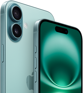 iPhone 16 Plus und iPhone 16, Actiontaste, Lautst�rketasten, Seitentaste und Kamerasteuerung, Vorderseite, All-Screen Design, Dynamic Island oben in der Mitte, R�ckseite, Blaugr�n, erh�htes, fortschrittliches Zwei-Kamera-System oben links, Apple Logo in der Mitte