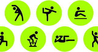 Training App-Aktivit�ten, inklusive Rollstuhl, Yoga, Ruderger�t, Funktionelles Krafttraining, Basketball, Radfahren indoor und Core Training, dargestellt durch Symbole