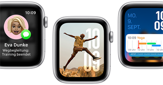 �bersetzen App, Wegbegleitung App, Fotos Zifferblatt, Modular Zifferblatt und Vitalzeichen App auf f�nf Apple Watch SE Ger�ten