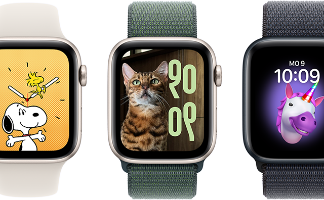 Zifferblatt Optionen, inklusive Memoji, Fotos, Portr�ts und Snoopy, auf sechs Apple Watch Ger�ten