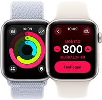 Aktivit�tsring-Tracking und Kalorienziele auf zwei Apple Watch SE Ger�ten