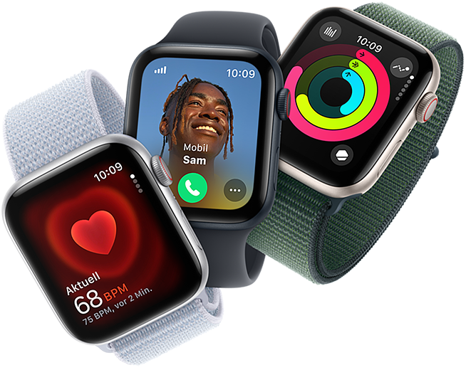 Herzfrequenzmesser, eingehender Anruf und Aktivit�tsringe auf drei Apple Watch Ger�ten
