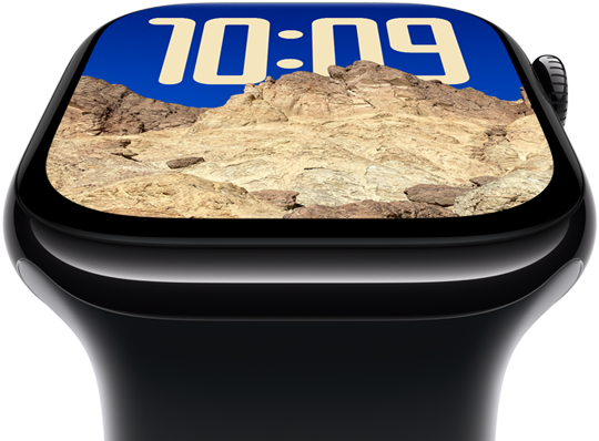 Das Display der Apple Watch Series 10 neigt sich zur�ck, um den gr��eren Displaybereich hervorzuheben.