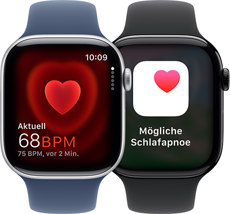 Die Herzfrequenz App mit einer aktuellen Messung von 68 BPM und eine Schlafapnoe Mitteilung auf zwei separaten Apple Watch Series 10 Ger�ten.