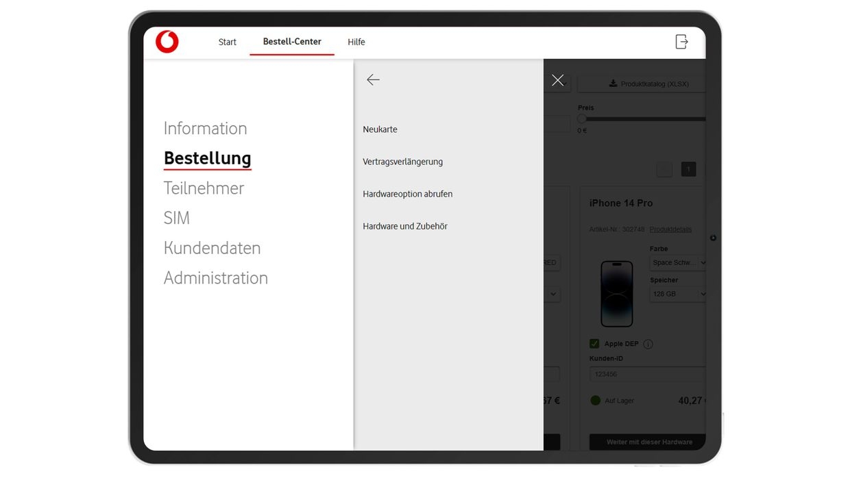 UI des Bestell Centers