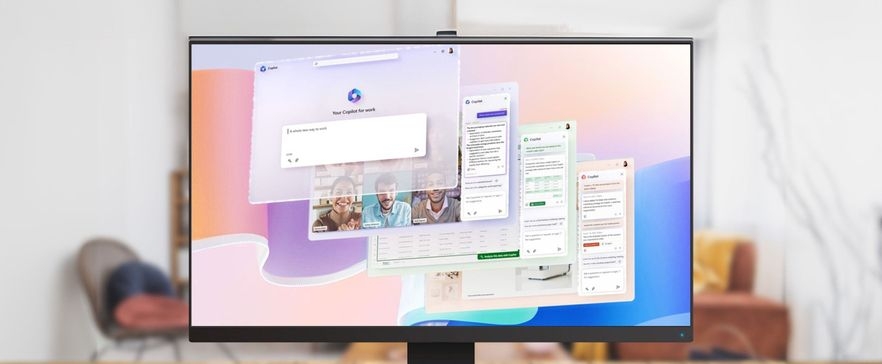 Das Bild zeigt einen Computerbildschirm, auf dem mehrere geöffnete Fenster mit  Anwendungen angezeigt werden. Die Fenster auf dem Bildschirm beinhalten eine Suchleiste und ein Video-Chat-Meeting mit mehreren Personen.