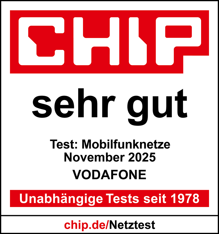 Prüfsiegel Chip: Mobilfunknetztest, November 2025, Ergebnis für Vodafone: sehr gut.