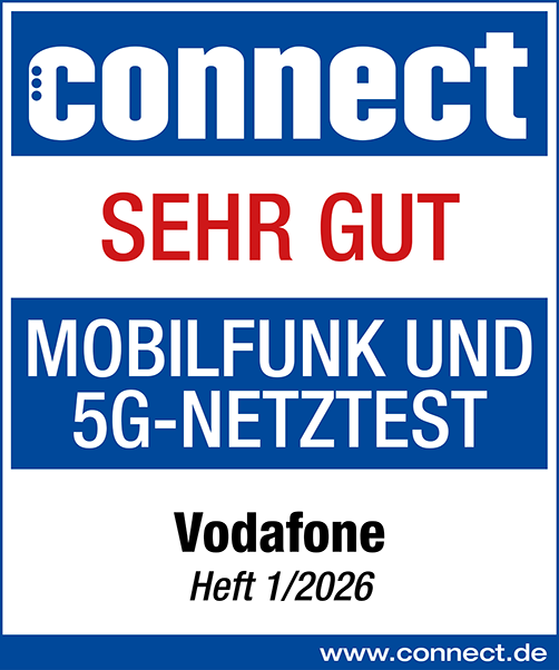Prüfsiegel connect: Mobilfunk- und 5G-Netztest, Heft 1/2026, Ergebnis für Vodafone: sehr gut.