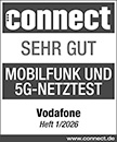 Prüfsiegel connect: Mobilfunk- und 5G-Netztest, Heft 1/2026, Ergebnis für Vodafone: sehr gut.