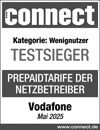 Prüfsiegel connect vom Mai 2025. Unsere Prepaid-Tarife wurden ausgezeichnet. Wir sind Testsieger in der Kategorie Wenignutzer.