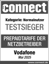 Prüfsiegel connect vom Mai 2025. Unsere Prepaid-Tarife wurden ausgezeichnet. Wir sind Testsieger in der Kategorie Normalnutzer.