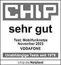 Prüfsiegel Chip: Mobilfunknetztest, November 2025, Ergebnis für Vodafone: sehr gut.