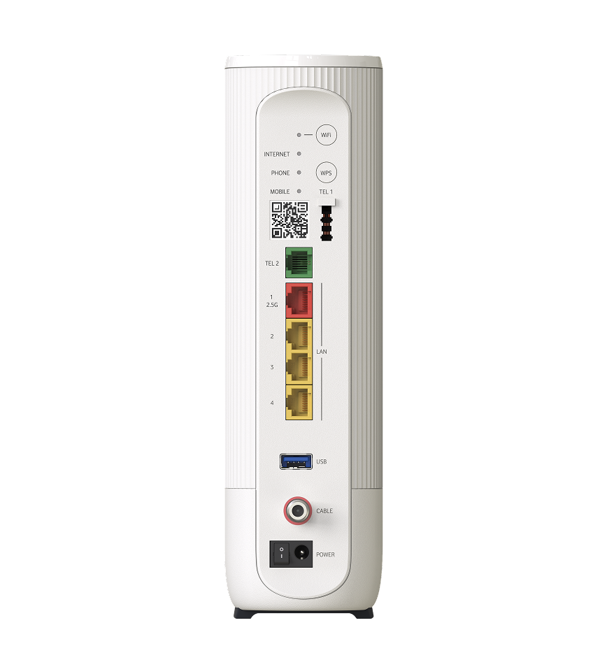 Produktfoto: Ultra Hub 7 Kabel. Aufrecht stehender Router in R&uuml;ckansicht, in wei&szlig; mit mehreren Anschl&uuml;ssen: zwei Telefonanschl&uuml;sse, vier LAN-Ports, ein USB-Port, ein Koaxialanschluss und ein Stromanschluss.