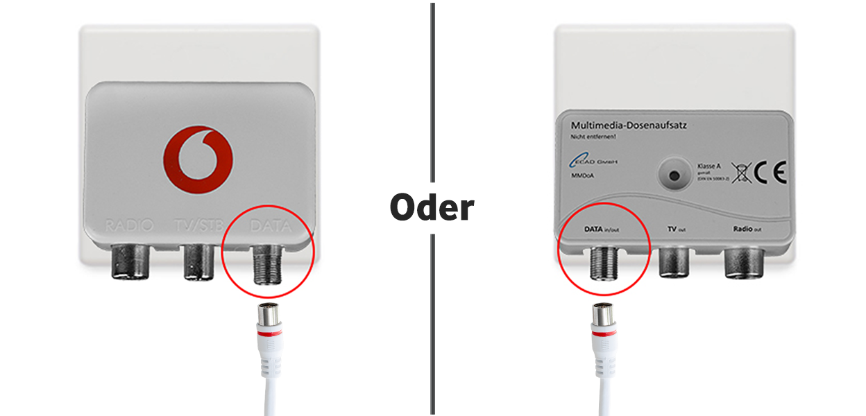 Anleitungsfoto: Anschlusskabel wird auf das Schraubgewinde des Multimedia-Dosenaufsatzes gesteckt