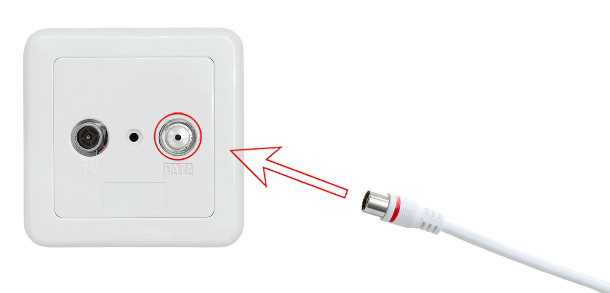 Anleitungsfoto: Das Anschlusskabel wird auf den Data-Anschluss einer Kabel-Dose gesteckt