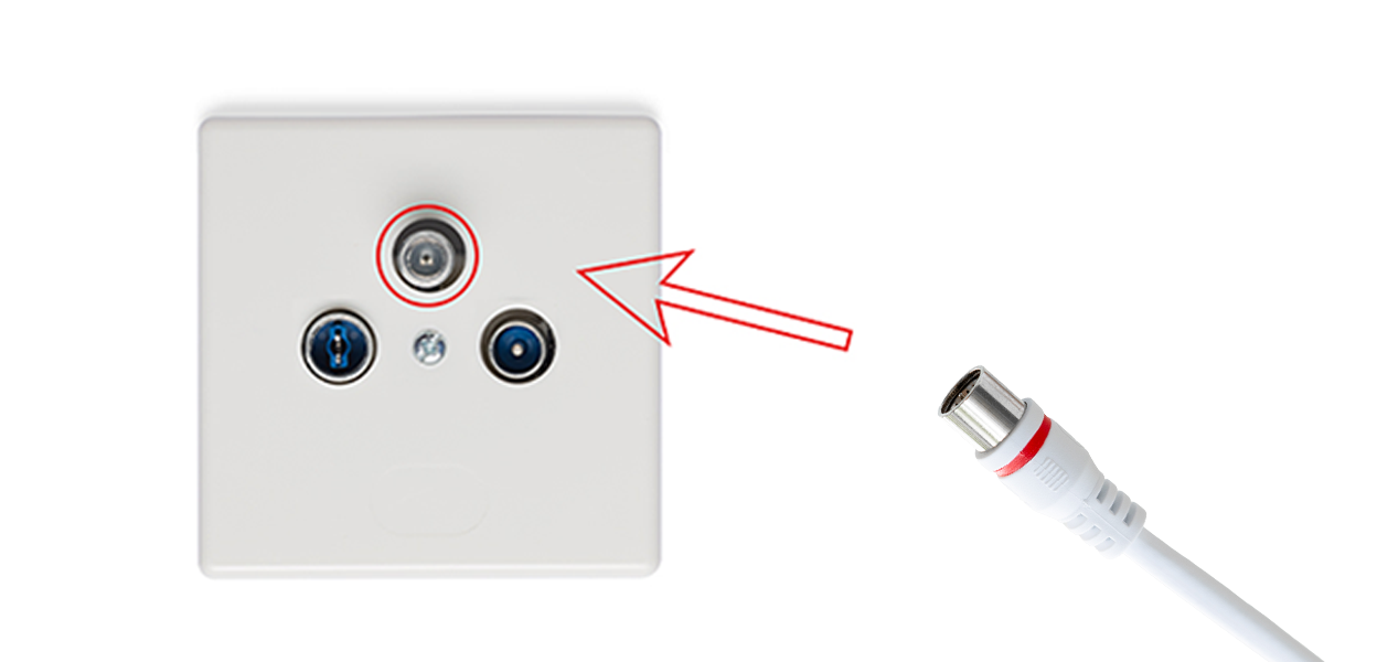 Anleitungsfoto: Das Anschlusskabel wird auf den Data-Anschluss einer 3-Loch-Kabel-Dose gesteckt