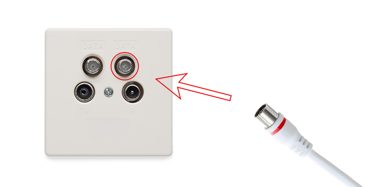 Anleitungsfoto: Das Anschlusskabel wird auf den Data-Anschluss einer 4-Loch-Kabel-Dose gesteckt