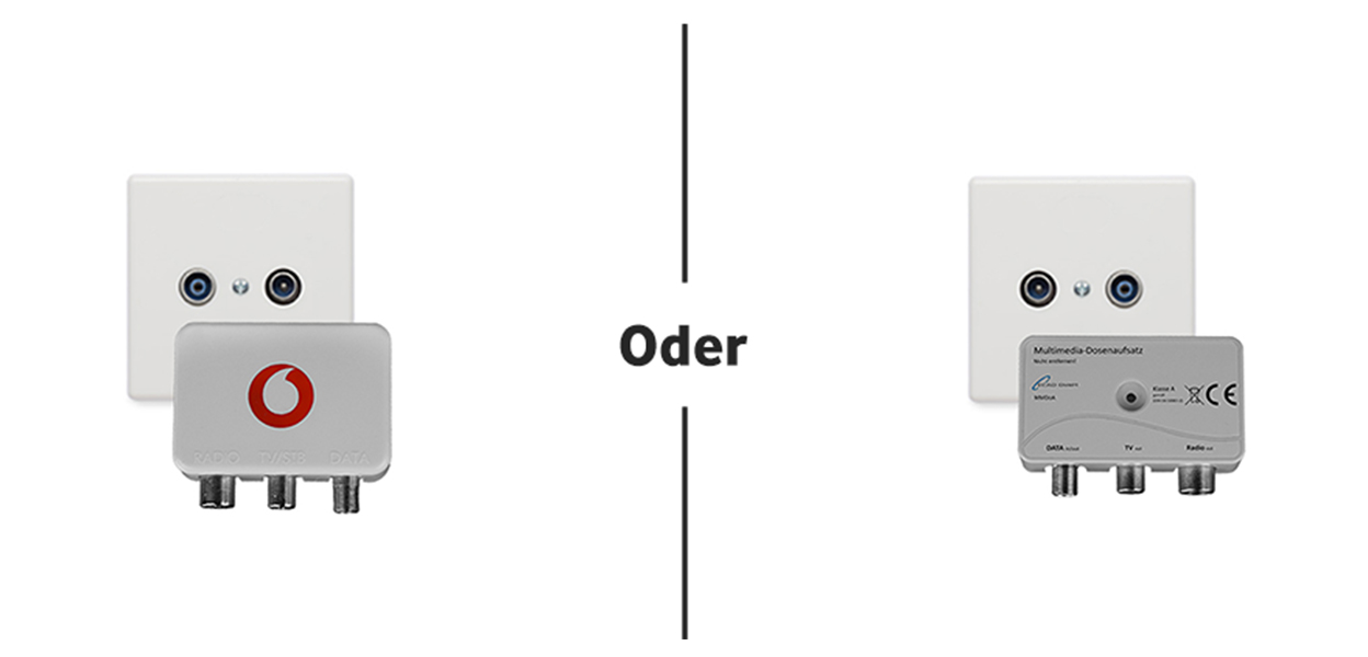 Anleitungsfoto: Multimedia-Dosenaufsatz vor einer 2-Loch-Kabel-Dose