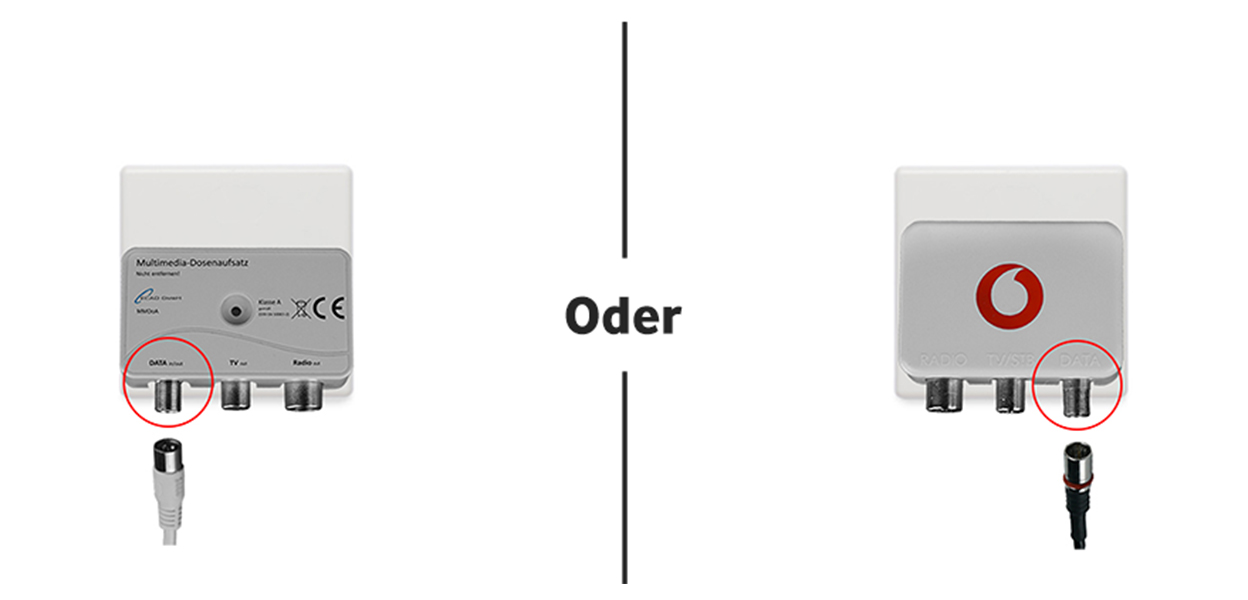 Anleitungsfoto: Anschlusskabel wird auf das Schraubgewinde des Multimedia-Dosenaufsatzes gesteckt