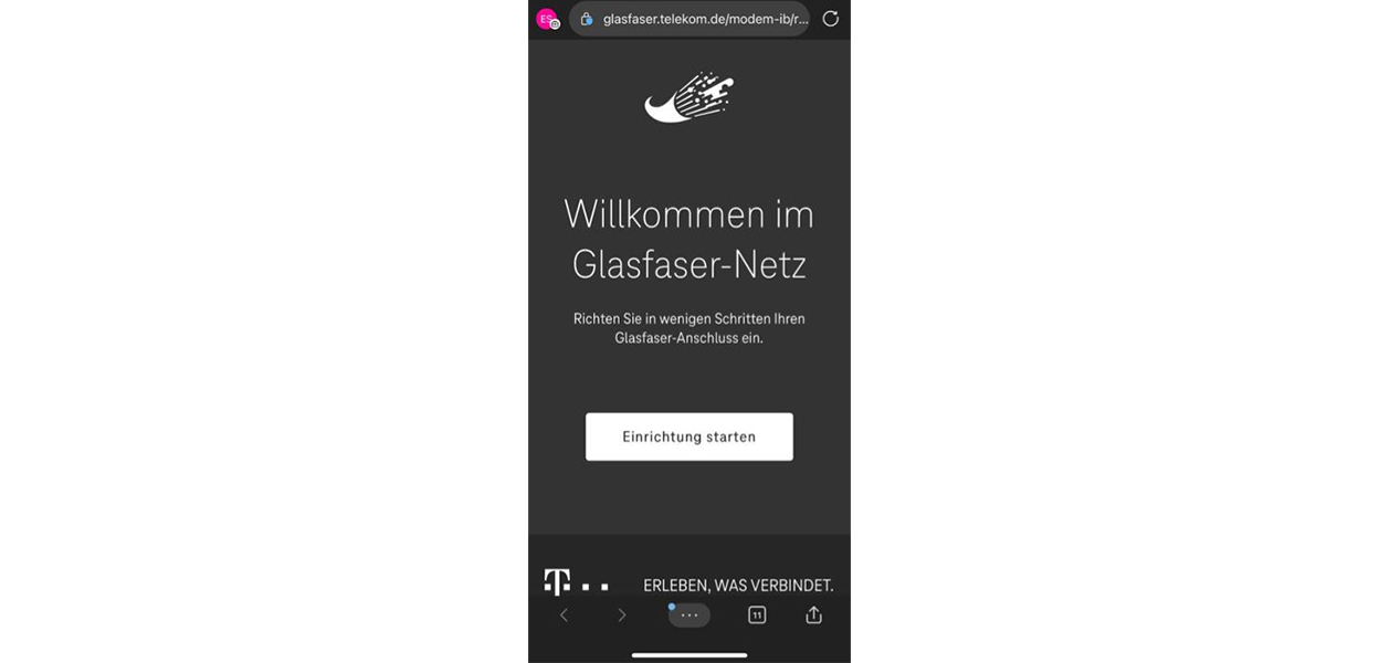 Anleitungsfoto: Willkommensseite der Telekom f&uuml;r das Glasfaser-Netz. Dort steht: 