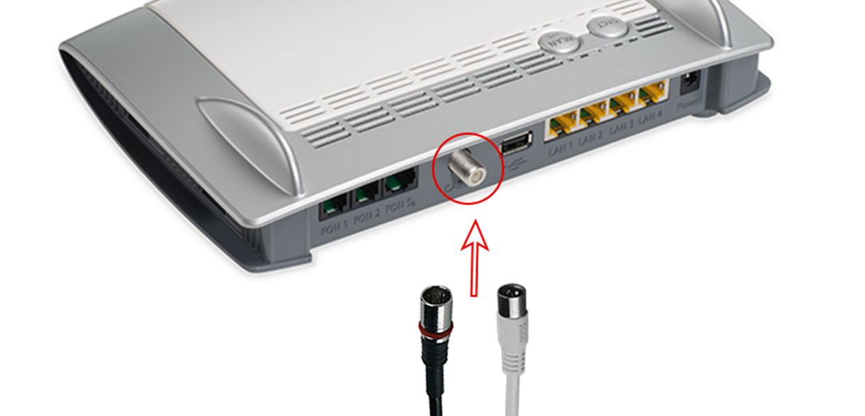 Anleitungsfoto: Anschlusskabel wird auf den hervorstehenden Gewindeanschluss der Fritzbox gesteckt