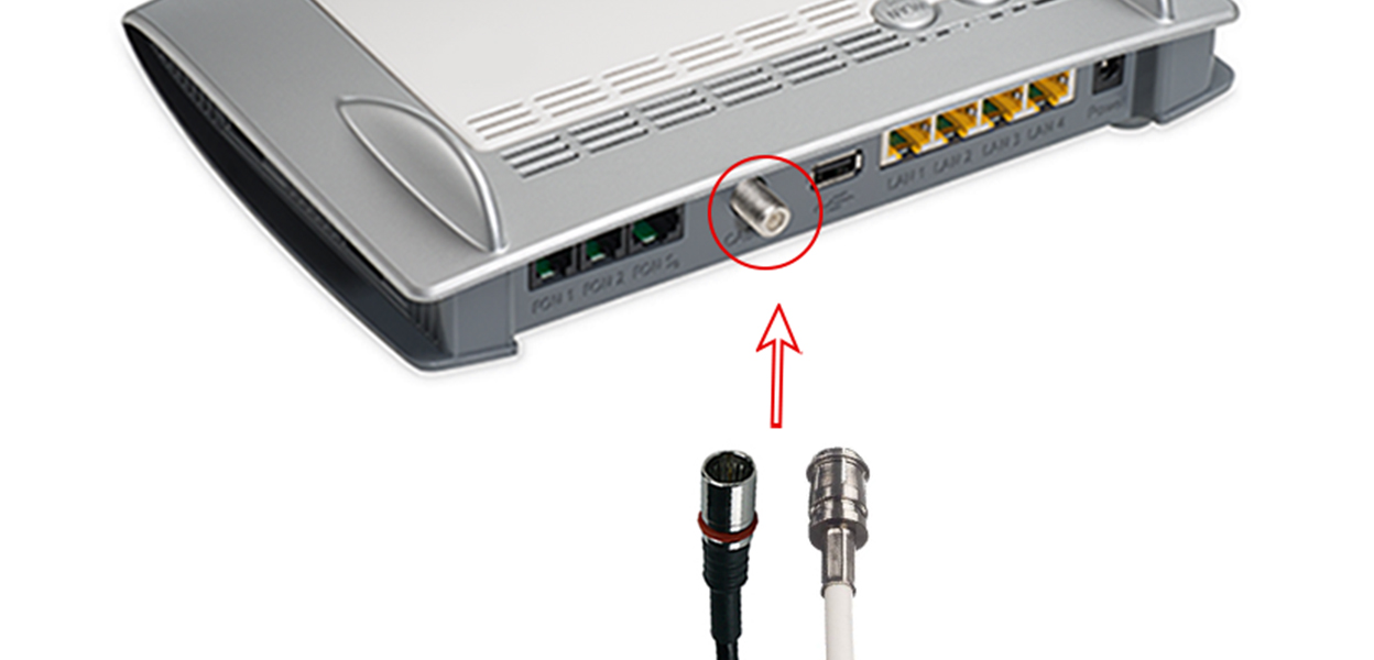 Anleitungsfoto: Wisi-Click-Kabel wird auf den hervorstehenden Gewindeanschluss der Homebox Fritzbox gesteckt