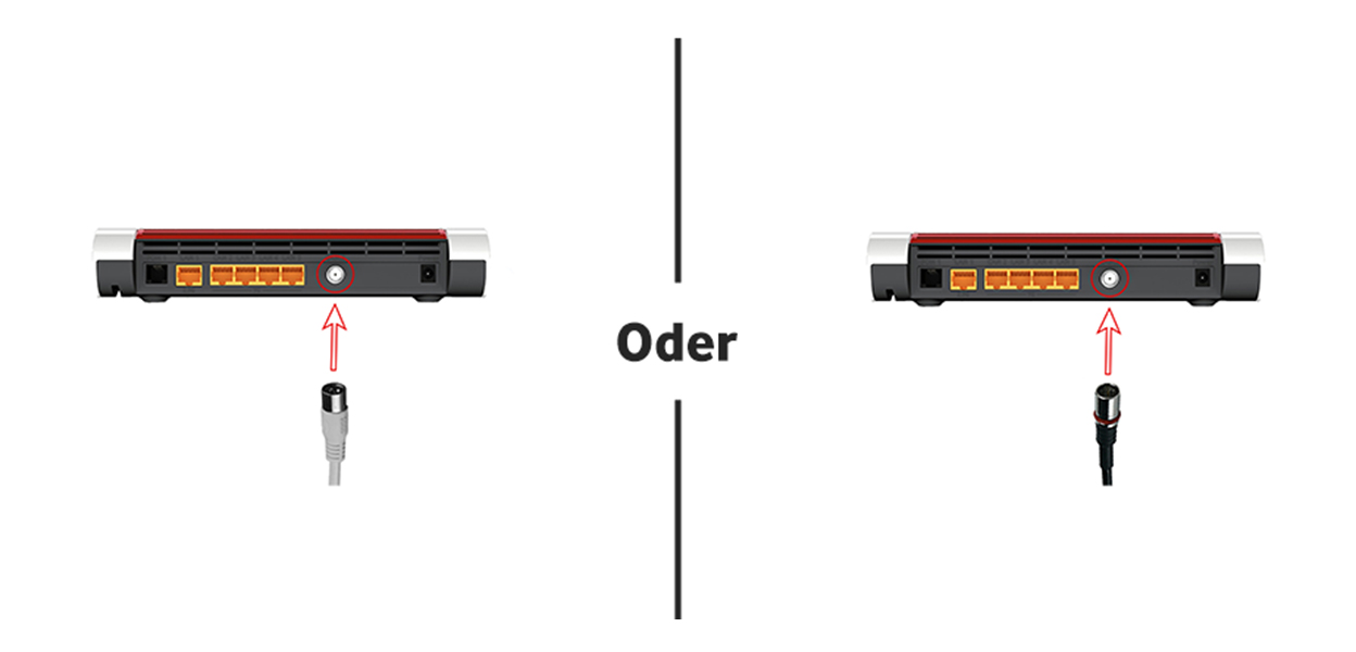 Anleitungsfoto: Anschlusskabel wird auf den hervorstehenden Gewindeanschluss der Fritzbox gesteckt