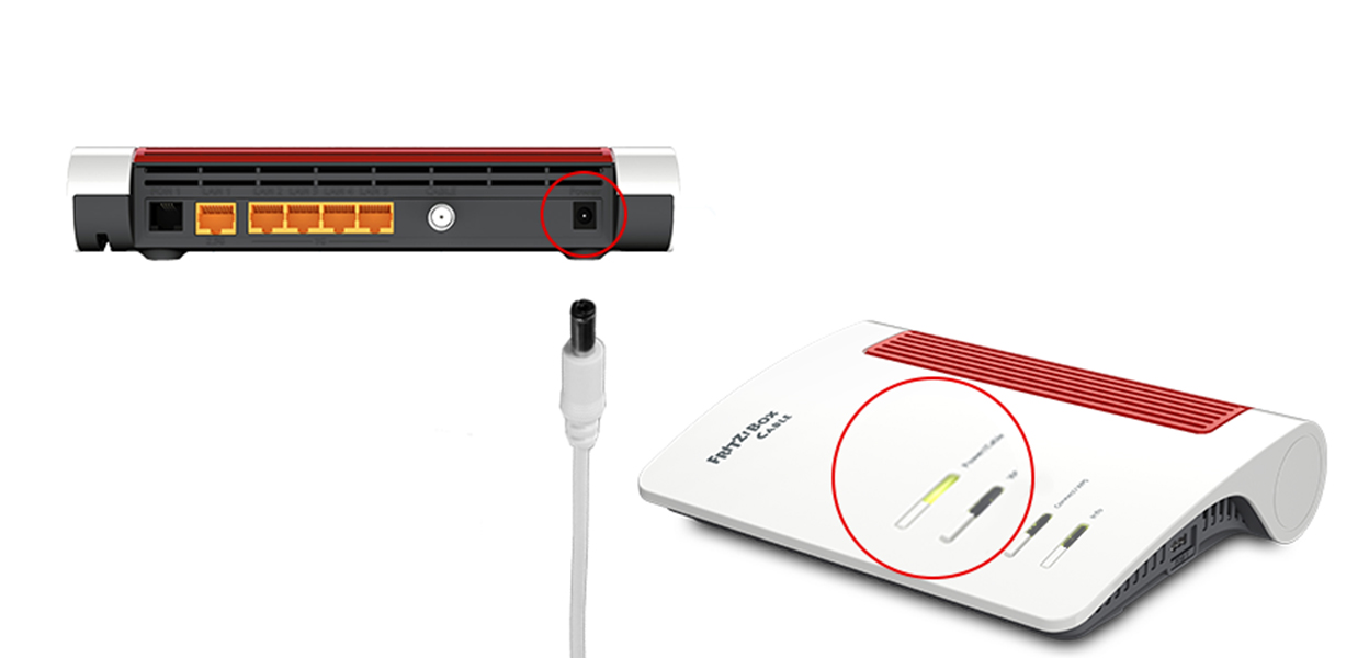 Anleitungsfoto: Netzstecker wird in die Fritzbox gesteckt