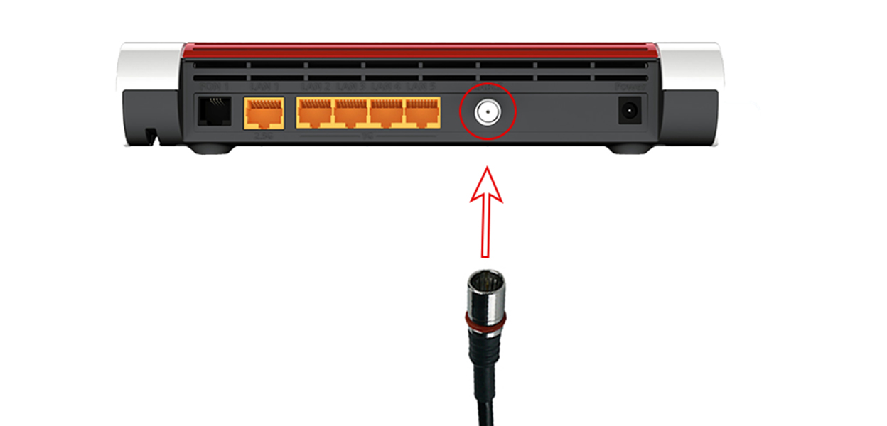 Anleitungsfoto: Anschlusskabel wird auf den hervorstehenden Gewindeanschluss der Fritzbox gesteckt