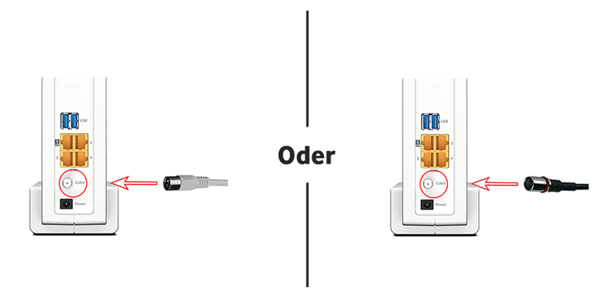 Anleitungsfoto: Anschlusskabel wird auf den hervorstehenden Gewindeanschluss der Fritzbox gesteckt