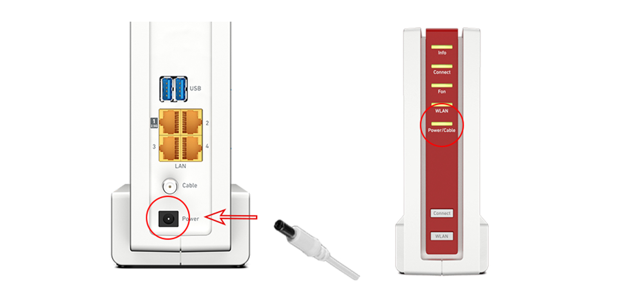 Anleitungsfoto: Netzstecker wird in die Fritzbox gesteckt