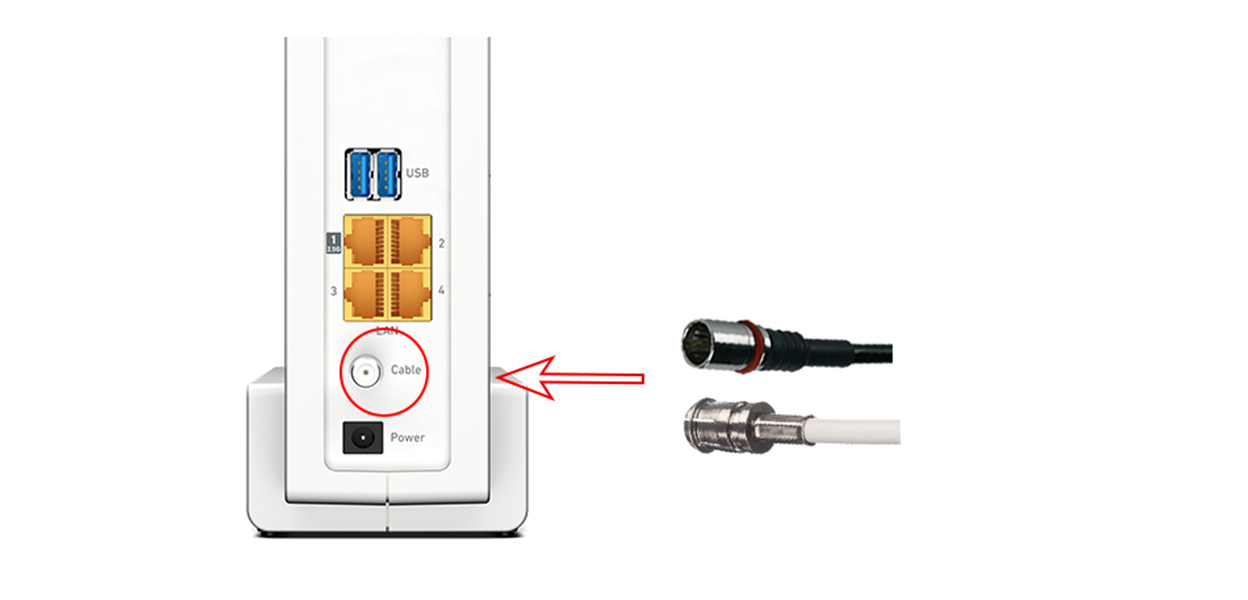 Anleitungsfoto: Wisi-Click-Kabel wird auf den hervorstehenden Gewindeanschluss der Homebox Fritzbox gesteckt