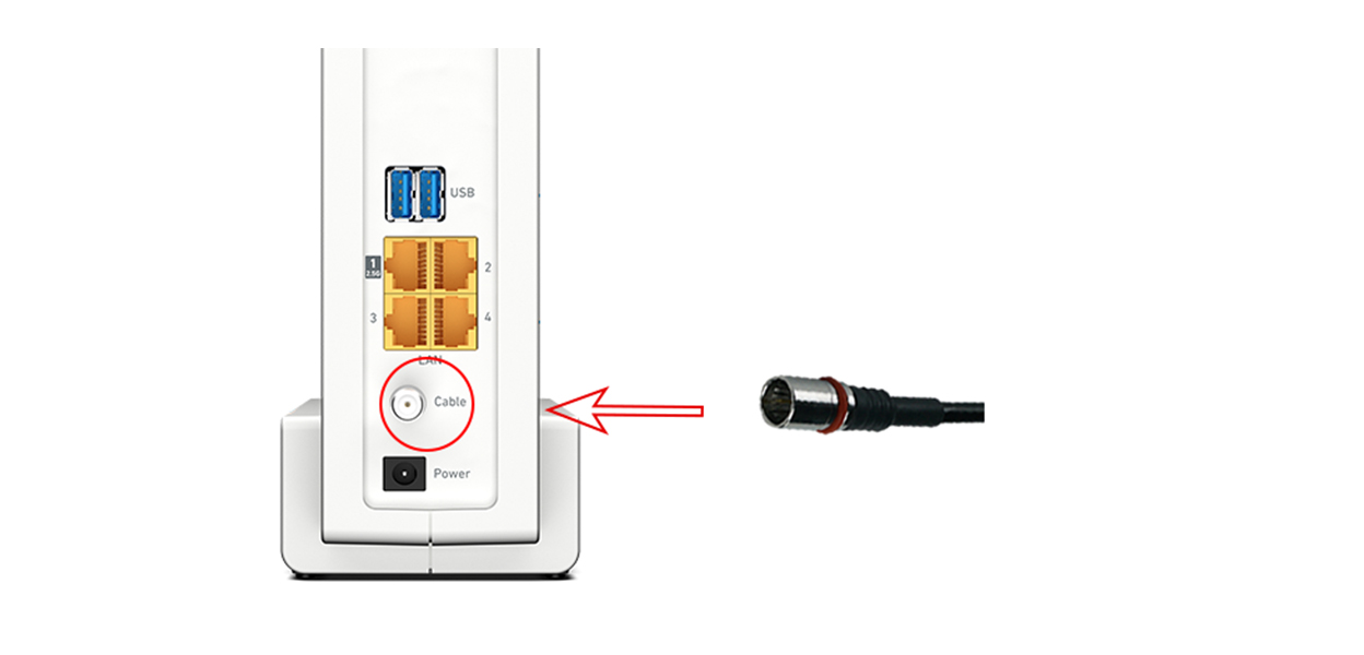 Anleitungsfoto: Anschlusskabel wird auf den hervorstehenden Gewindeanschluss der Fritzbox gesteckt
