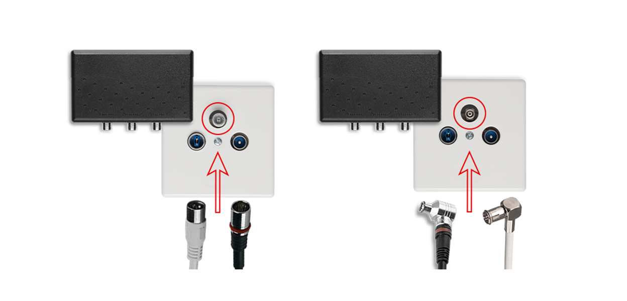 Anleitungsfoto: Anschlusskabel wird auf den Data-Anschluss der Kabel-Dose gesteckt.  Das abgewinkelte Ende des Wisi-Click-Kabels wird in den Data-Anschluss der Kabel-Dose gesteckt