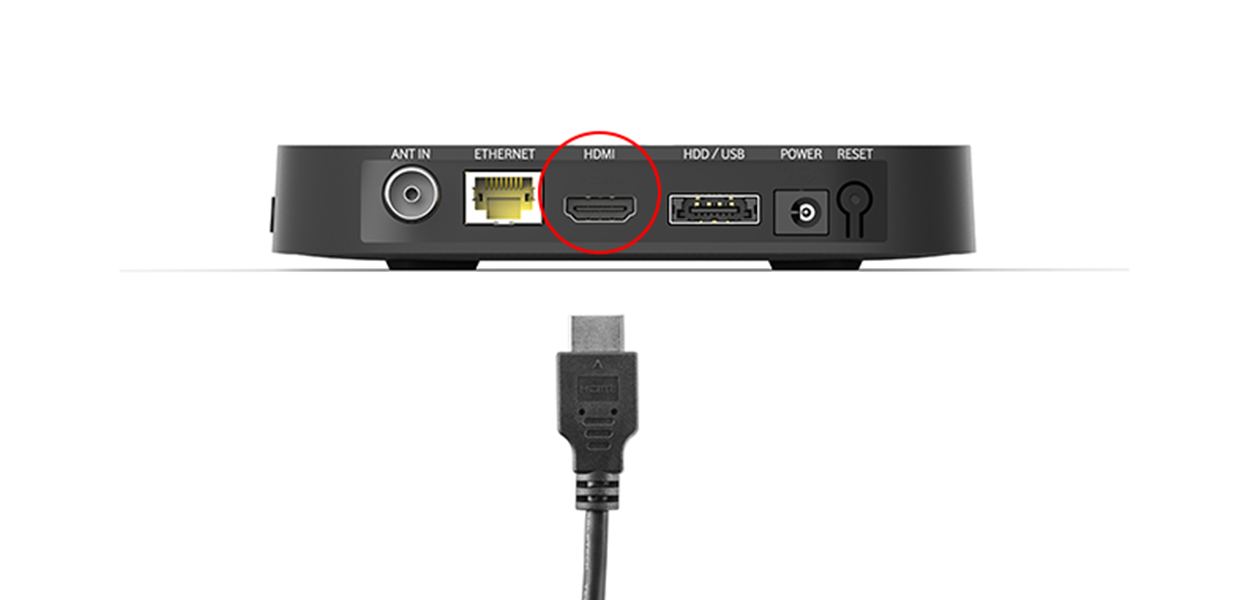 Anleitungsfoto: Das Ende des HDMI-Kabels wird in den HDMI-Eingang der GigaTV Cable Box 2 gesteckt.