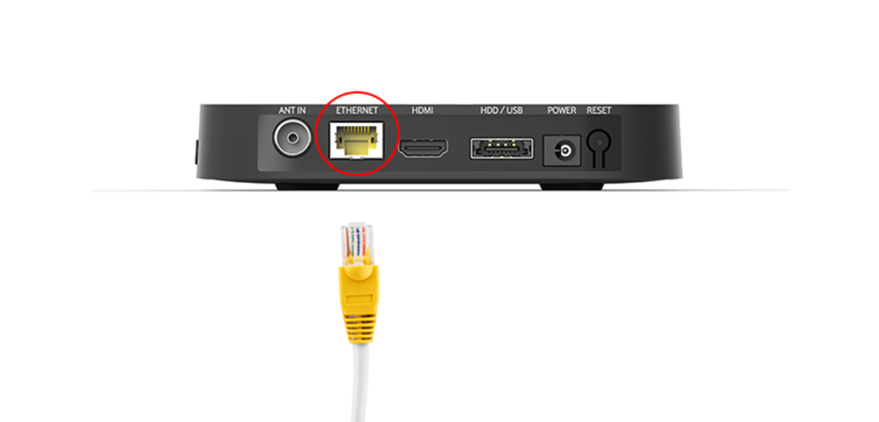 Anleitungsfoto: LAN-Kabel wird in den Ethernet-Anschluss der GigaTV Cable Box 2 gesteckt.