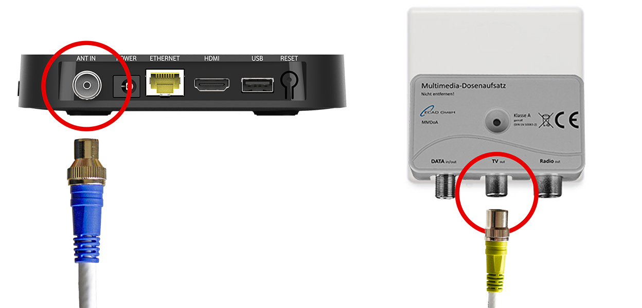 Anleitungsfoto: Antennenkabel wird in GigaTV Home und den Multimedia-Dosenaufsatz gesteckt