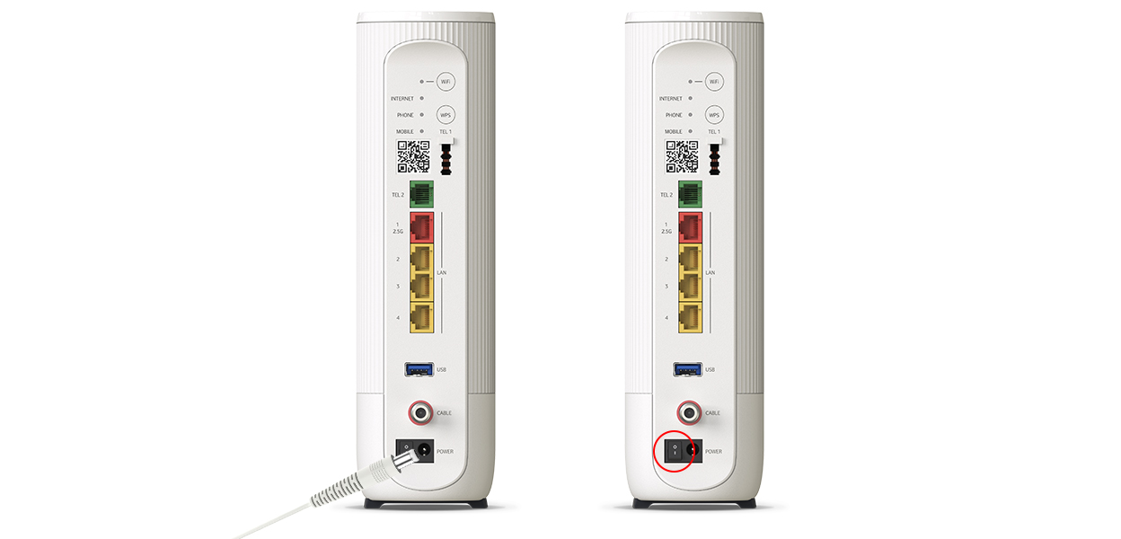 Anleitungsfoto: Netzstecker wird in den Ultra Hub 7 gesteckt. Kippschalter wird auf I gestellt.