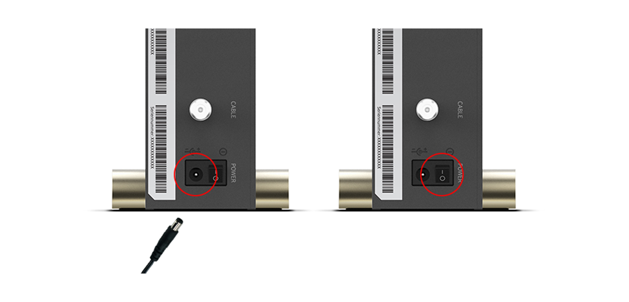 Anleitungsfoto: Netzstecker wird in die Vodafone Station gesteckt. Kippschalter wird auf I gestellt.
