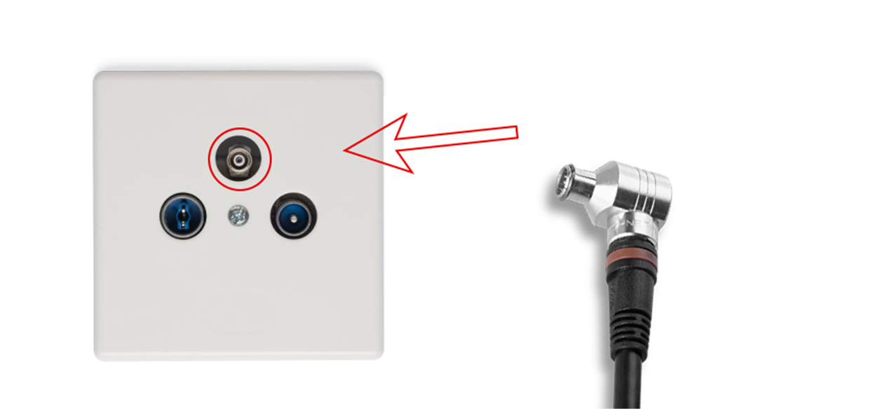 Anleitungsfoto: Wisi-Click-Kabel wird auf den hervorstehenden Gewindeanschluss der Vodafone Station gesteckt