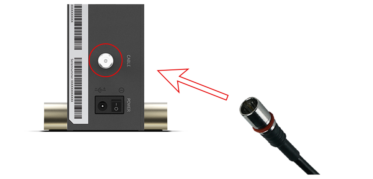 Anleitungsfoto: Anschlusskabel wird auf den hervorstehenden Gewindeanschluss der Vodafone Station gesteckt