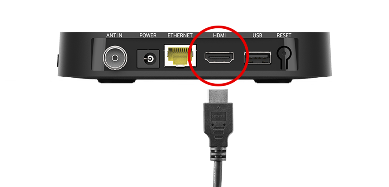 Anleitungsfoto: Das Ende des HDMI-Kabels wird in den HDMI-Eingang der GigaTV Home gesteckt.