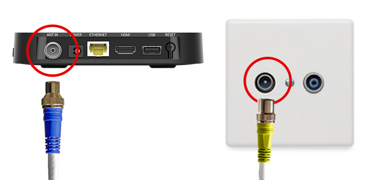 Anleitungsfoto: Das trichterf&ouml;rmige blaue Ende des Antennekabels wird in den ANT IN-Eingang der GigaTV Home gesteckt. Das runde gelbe Ende wird in den TV-Anschluss der Kabel-Dose gesteckt. 