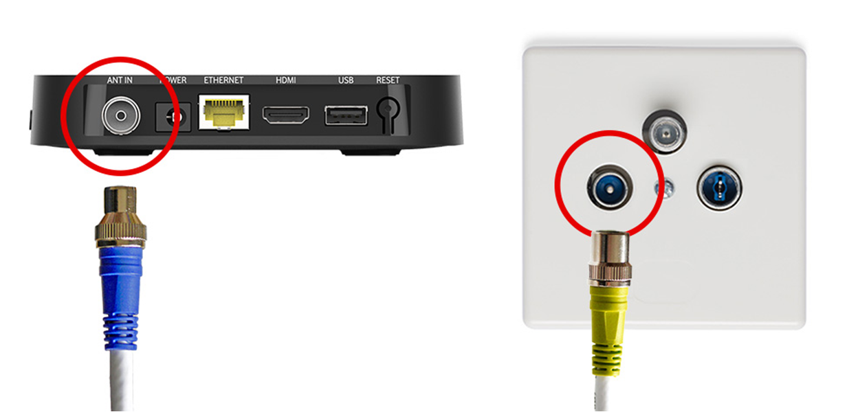 Anleitungsfoto: Das trichterf&ouml;rmige blaue Ende des Antennekabels wird in den ANT IN-Eingang der GigaTV Home gesteckt. Das runde gelbe Ende wird in den TV-Anschluss der Kabel-Dose gesteckt. 