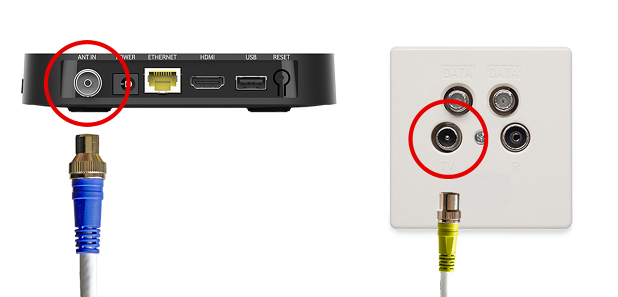 Anleitungsfoto: Das trichterf&ouml;rmige blaue Ende des Antennekabels wird in den ANT IN-Eingang der GigaTV Home gesteckt. Das runde gelbe Ende wird in den TV-Anschluss der Kabel-Dose gesteckt. 