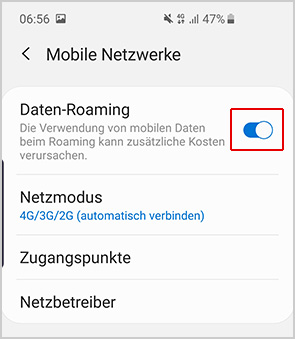 Daten-Roaming ein- und ausschalten