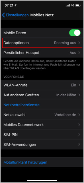 Daten-Roaming ein- und ausschalten